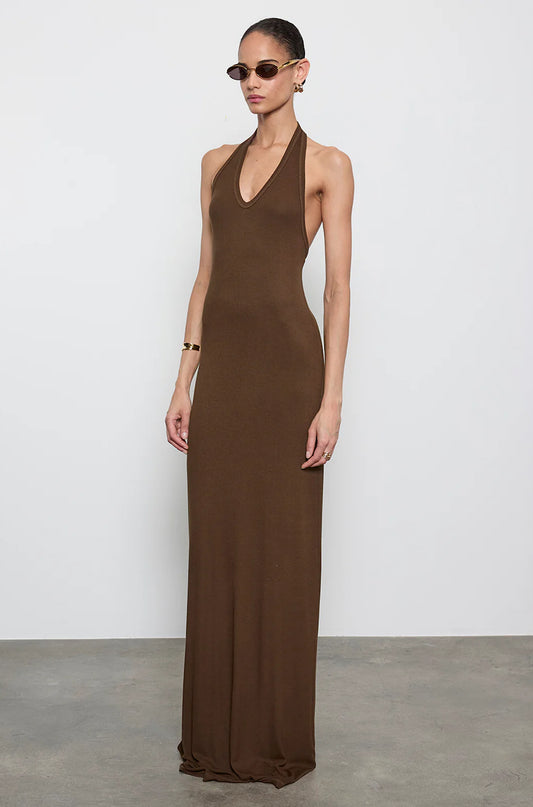 Silk Rib Halter Maxi Dress Choc