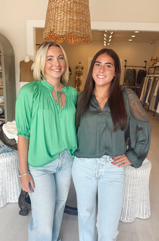 Lace Shoulder Contrast Blouse in Forest Green