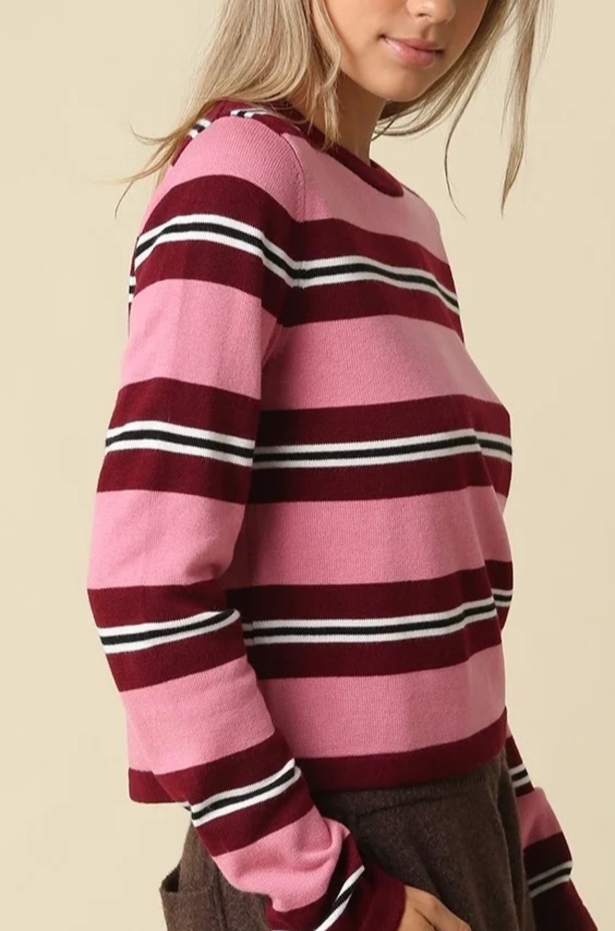Addison Stripe Knit Top Burgundy Rose