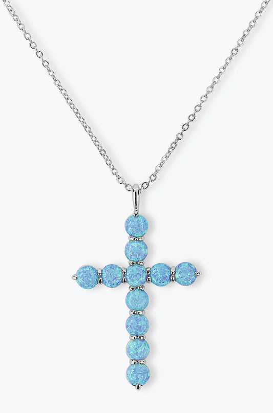 "Oh She Fancy" Cross Pendant Blue Opal 18"