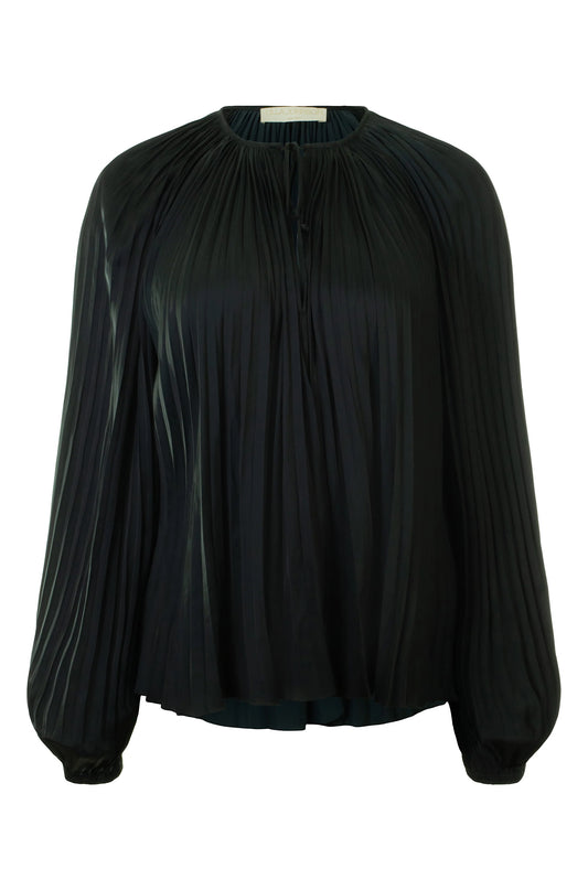 Electra Pleated Satin Blouse in Noir