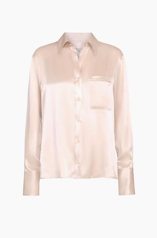Joey Silk Button-Front Shirt in Champagne