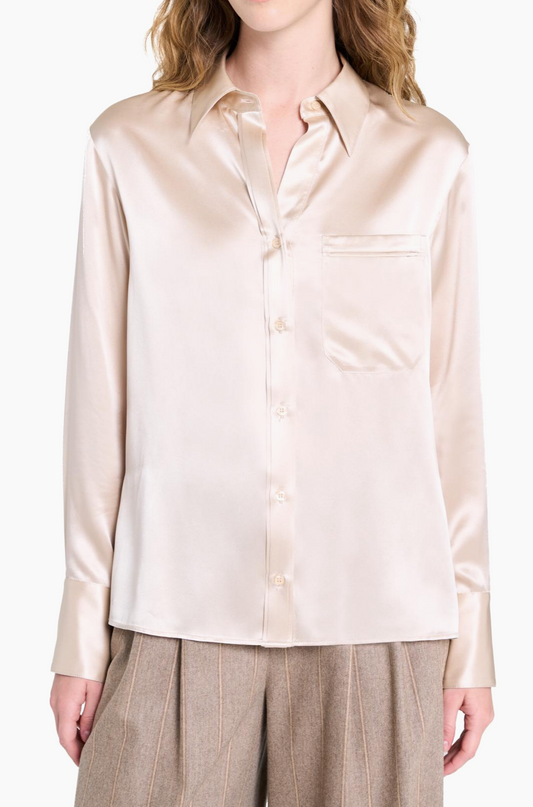 Joey Silk Button-Front Shirt in Champagne