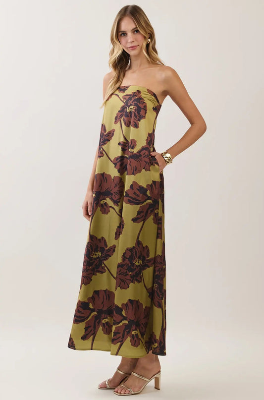 Floral Print Strapless Dress Olive