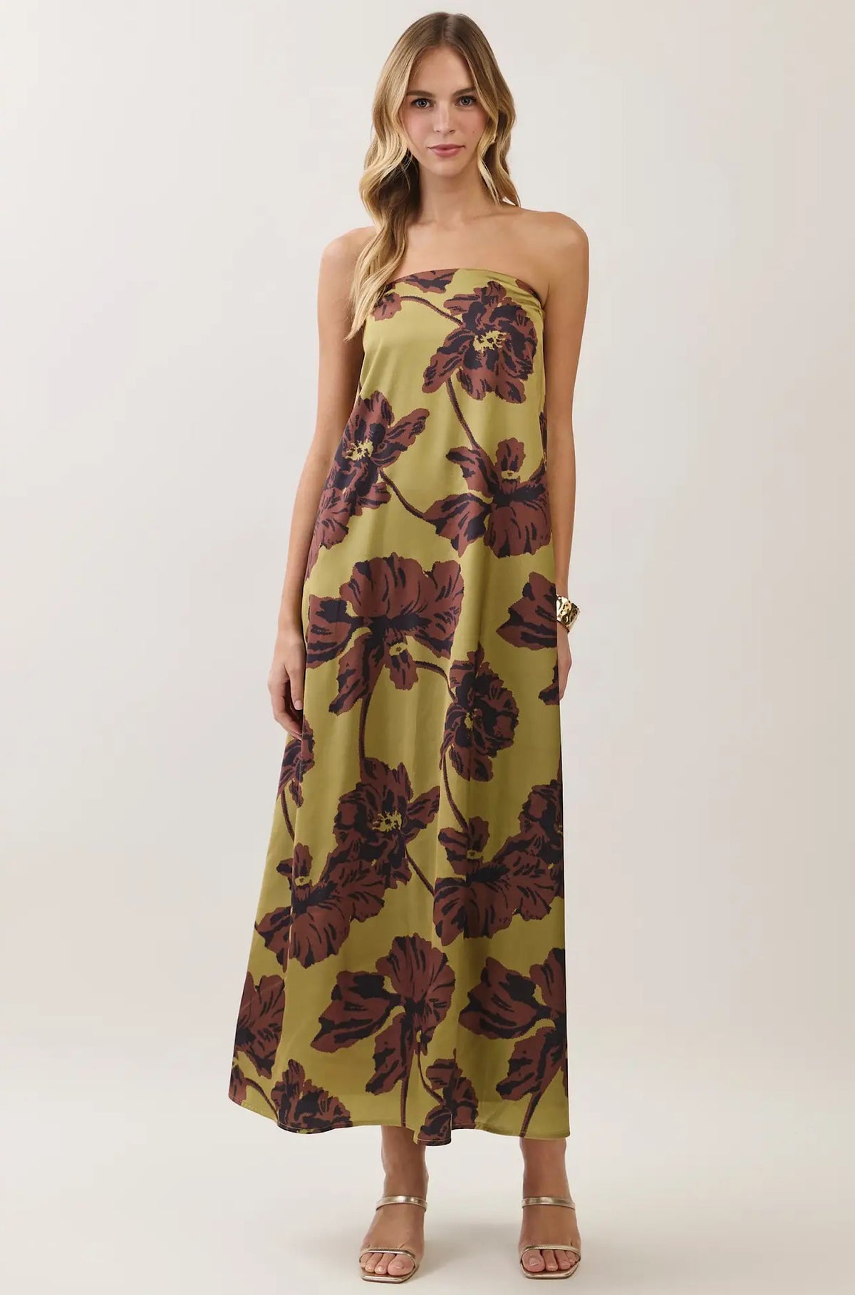 Floral Print Strapless Dress Olive