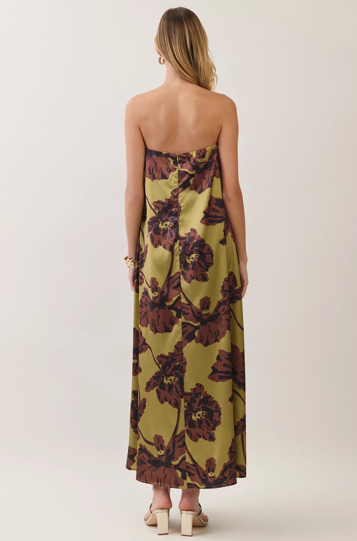 Floral Print Strapless Dress Olive