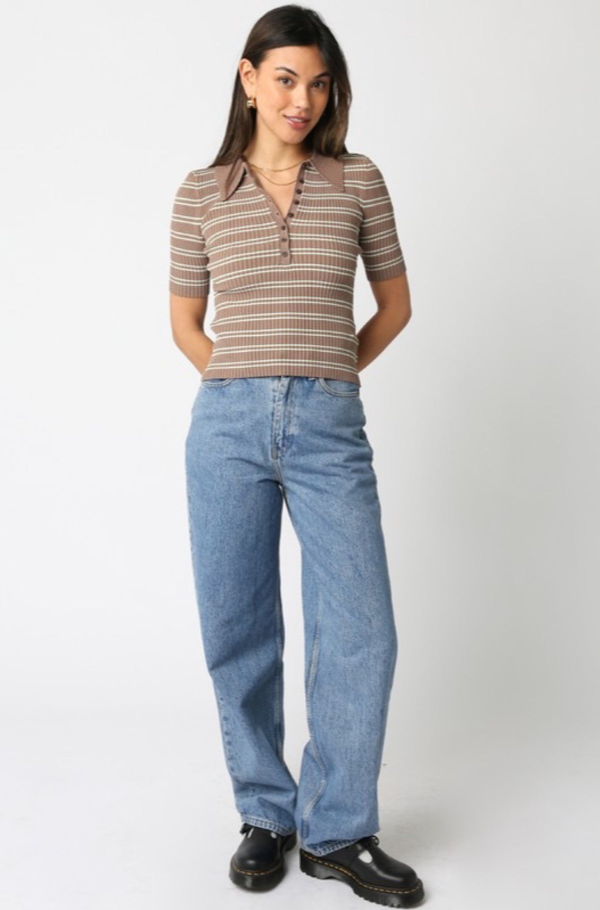 Ina Stripe Top in Truffle Sage