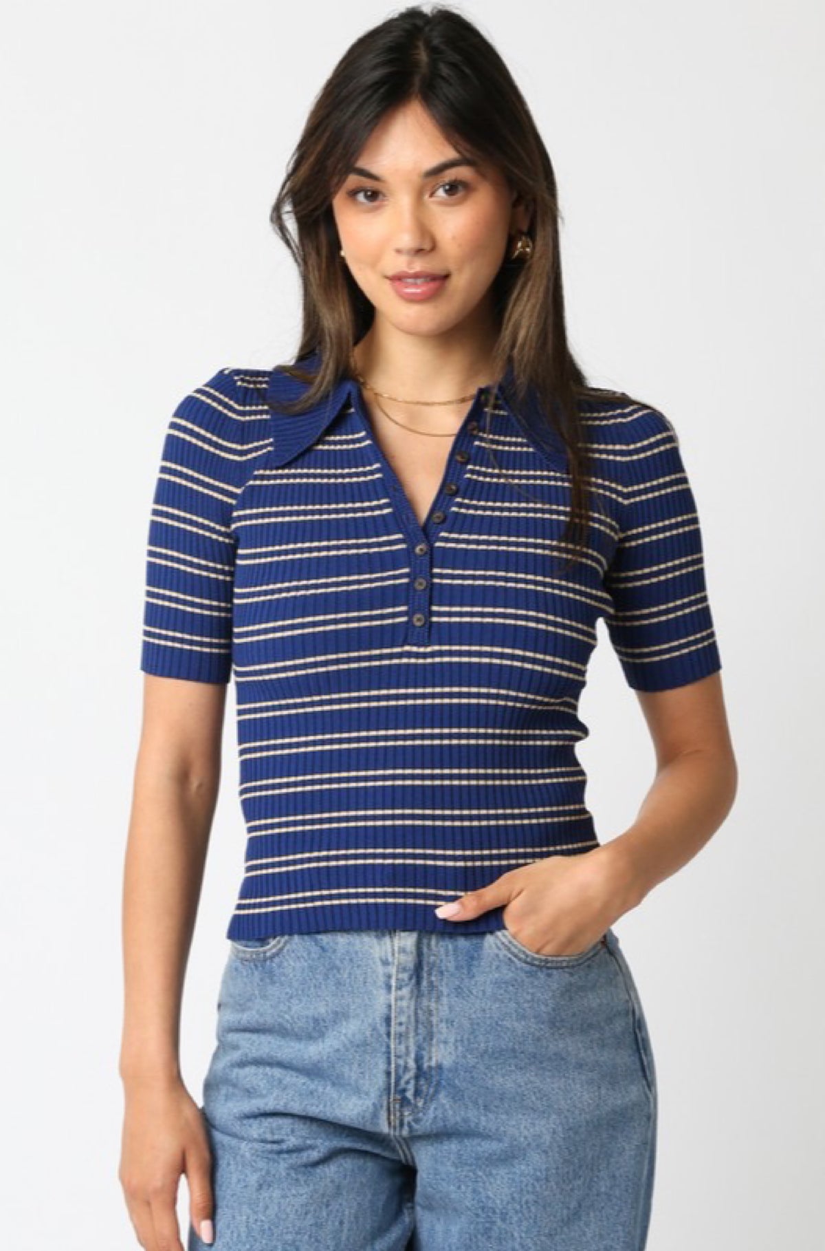Ina Stripe Top in Deep Blue Khaki