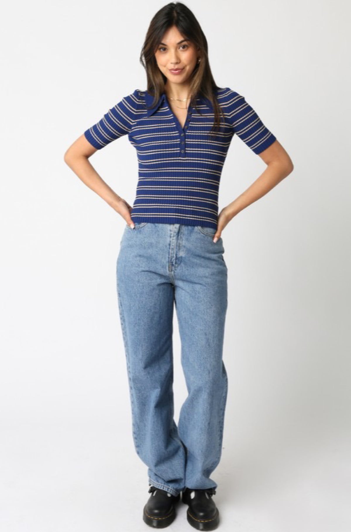 Ina Stripe Top in Deep Blue Khaki