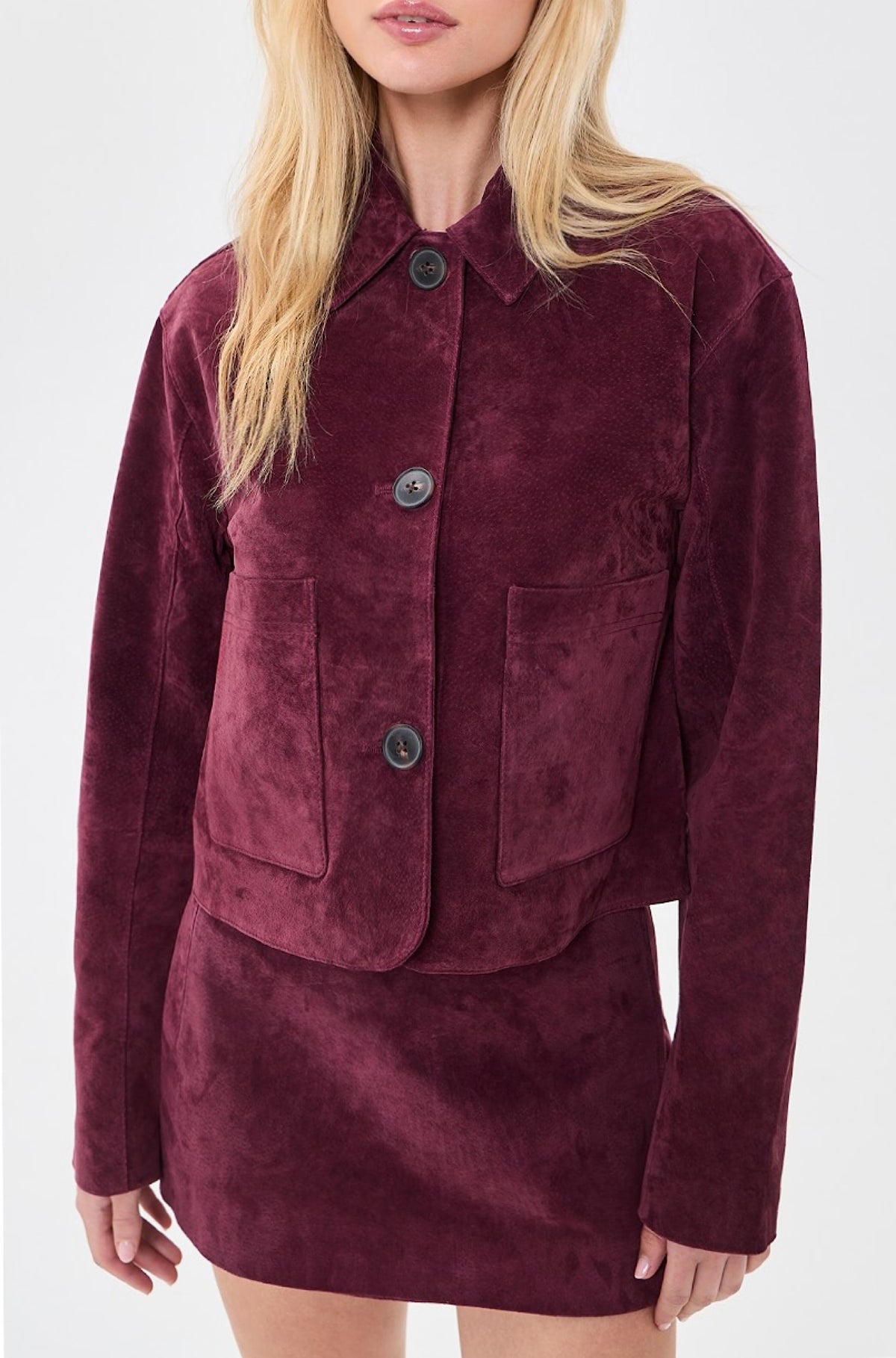Real Suede Cropped Blazer in Wine O' Clock