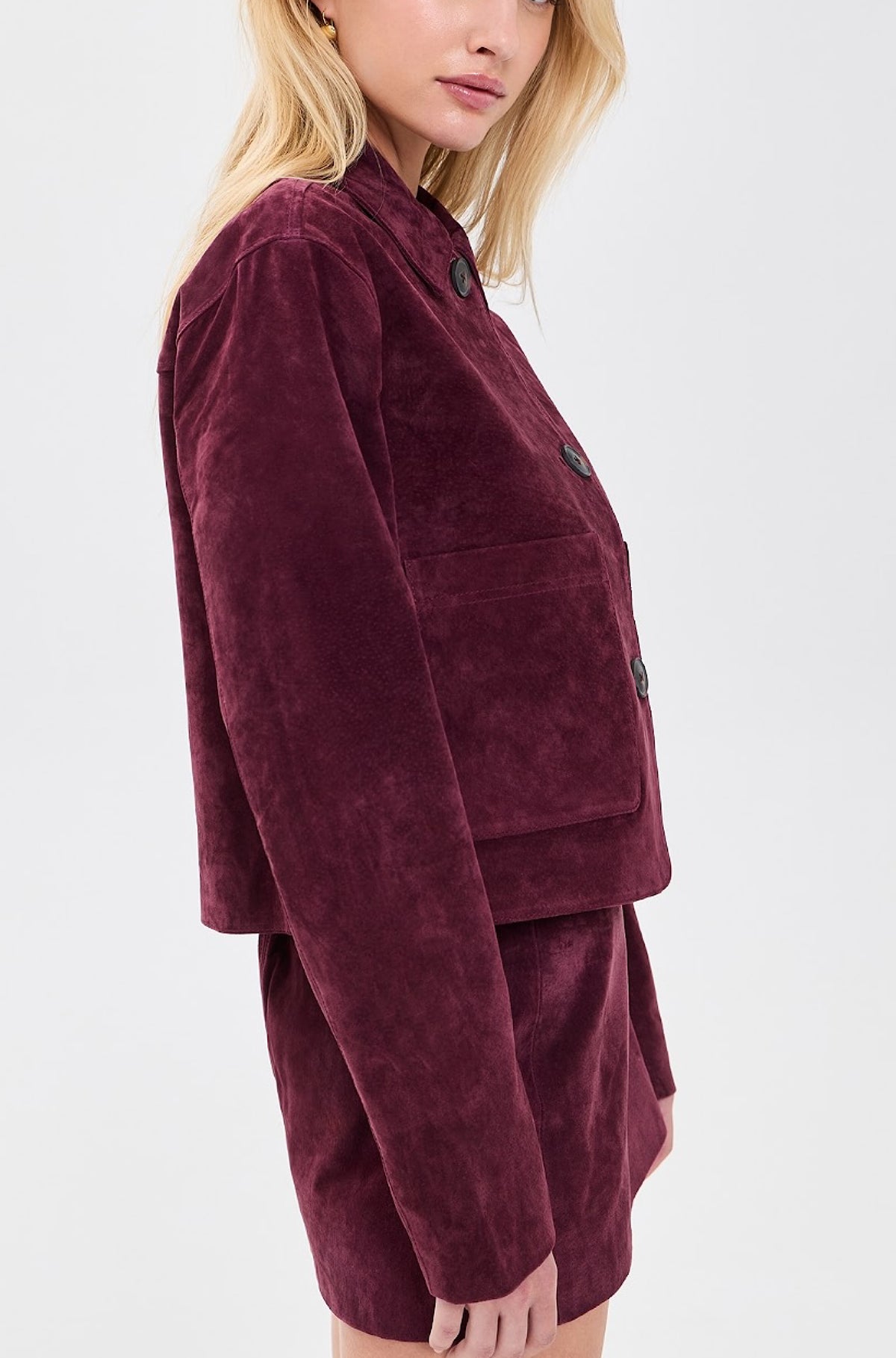 Real Suede Cropped Blazer in Wine O' Clock