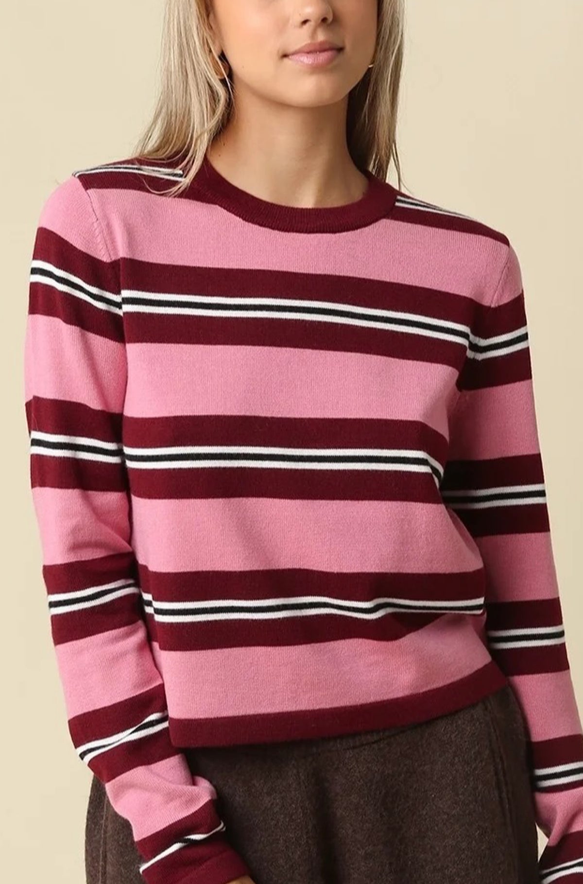 Addison Stripe Knit Top Burgundy Rose